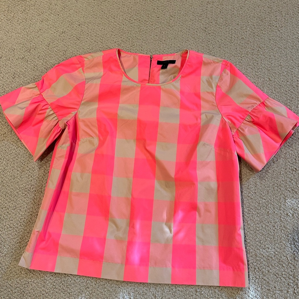 J. Crew Vibrant Pink and Beige Plaid Top